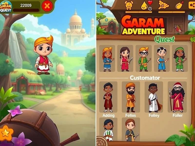 Character customization options in Garam Adventure Quest showing diverse Indian attire