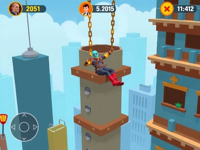 Madhapur Swing King gameplay screenshot showing character swinging between buildings