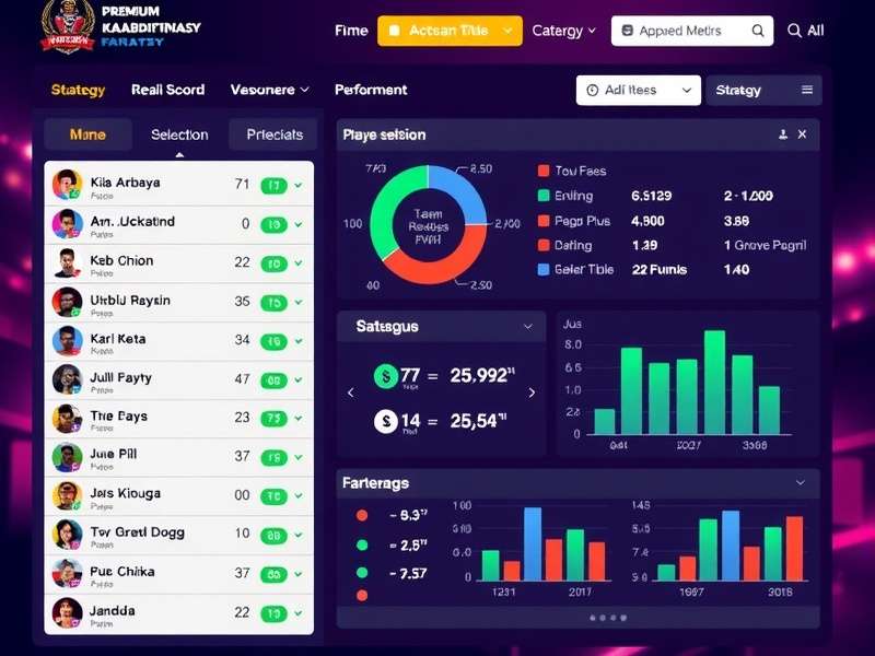 Premium Kabaddi Fantasy interface showing team selection and player statistics