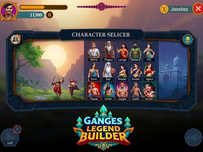 Character selection screen showing various mythological figures from Ganges Legend Builder