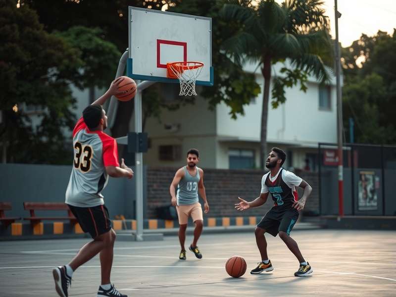 Young people playing Basketball Shot on a street court in India
