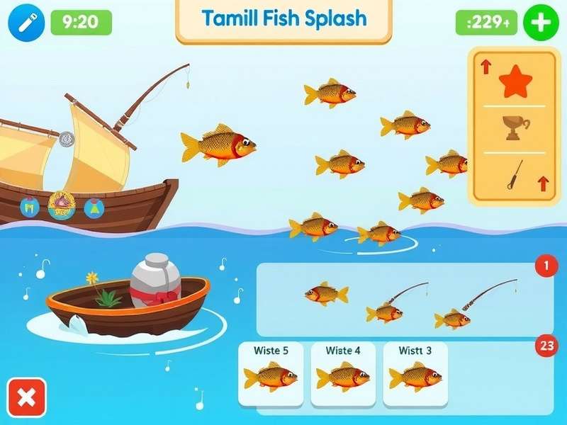 Tamil Nadu Fish Splash gameplay illustration showing traditional fishing elements