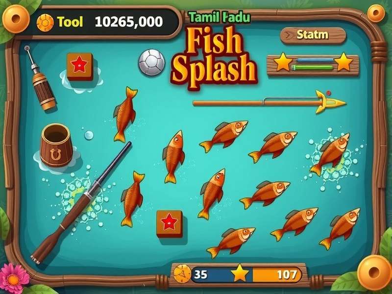 Tamil Nadu Fish Splash interface showing fishing tools and scoring system
