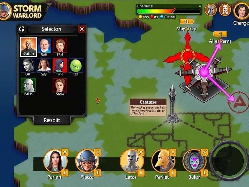 Storm Warlord gameplay screenshot showing character selection and battle interface