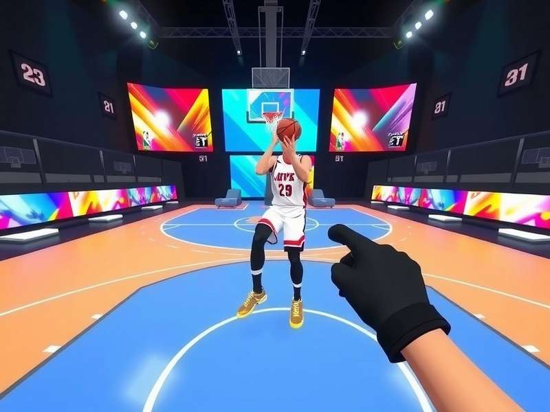 Basketball Blitz VR player using VR controllers to dribble and shoot