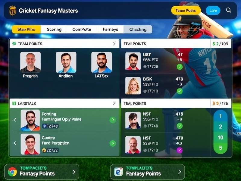Cricket Fantasy Masters gameplay interface showing team selection