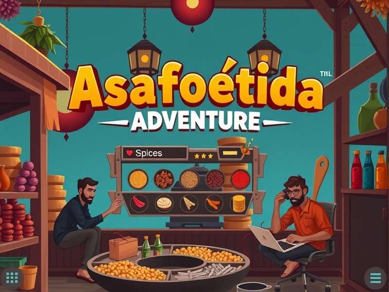 Asafoetida Adventure game title screen with Indian spice market background
