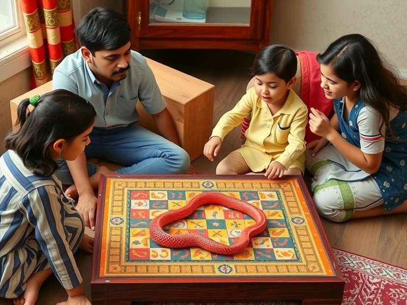 Family playing Snakes and Ladders game