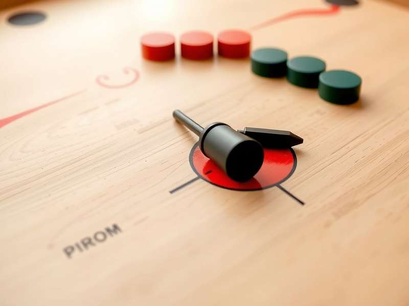 Close-up of carrom striker and pieces on wooden board