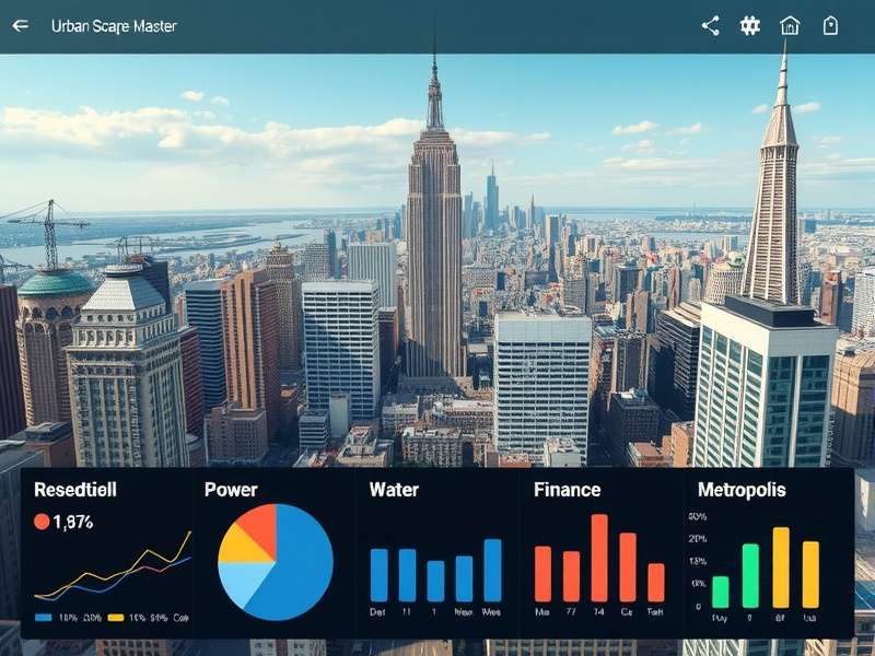 Urban Scape Master resource management dashboard showing power, water and finance metrics