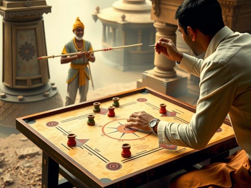 Historical depiction of carrom being played in traditional Indian setting