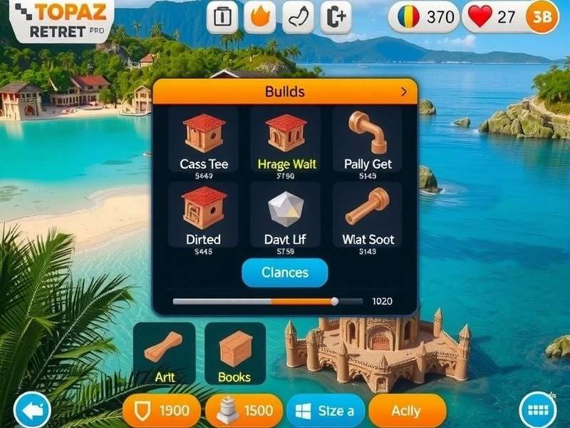 Topaz Coastal Retreat Pro construction interface showing building options