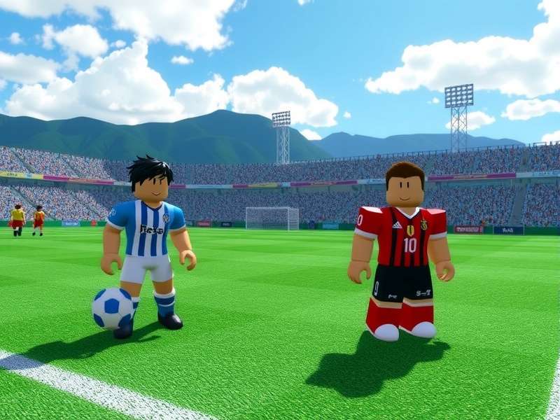 Digital illustration of a vibrant football stadium with neon lights and a musical note over the pitch, symbolizing the Ultimate Football Roblox Song